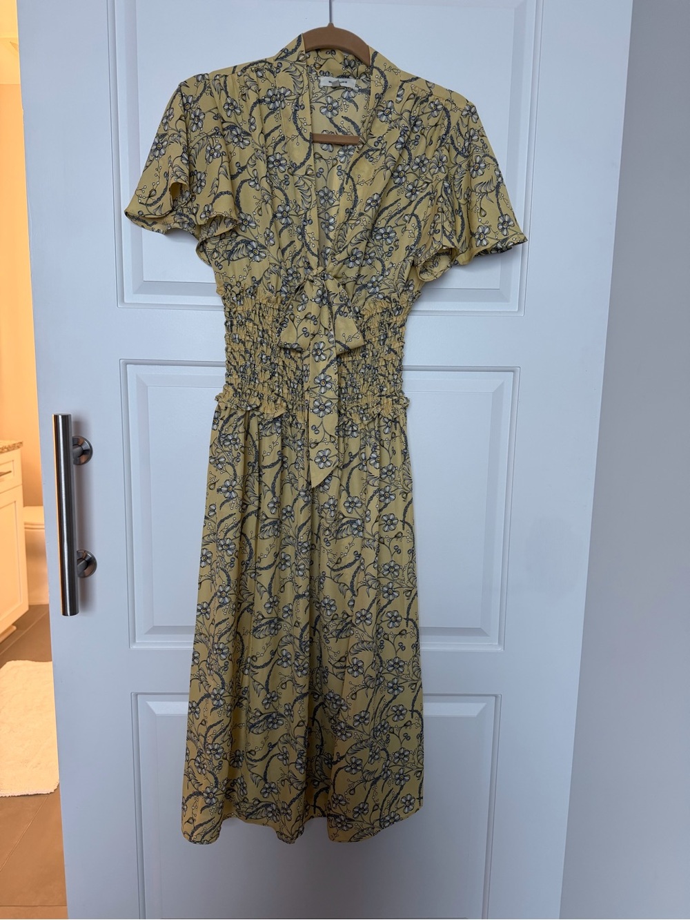 Max Studio Yellow Floral Smocked Midi Dress with Flutter Sleeves